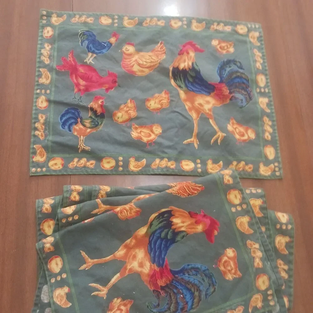 Vintage Linens Placemats Chicken Roosters Green 6